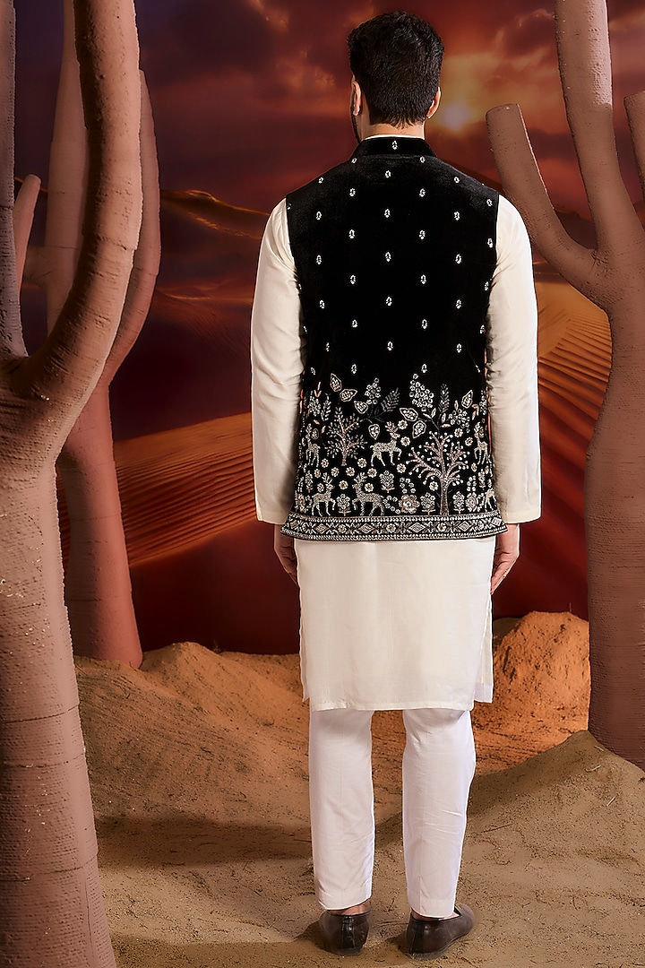 Black Velvet Cutdana Hand Embroidered Nehru Jacket by Kasbah Clothing at Pernia's Pop Up Shop