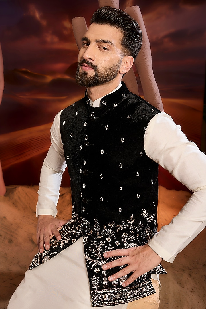Black Velvet Cutdana Hand Embroidered Nehru Jacket by Kasbah Clothing at Pernia's Pop Up Shop