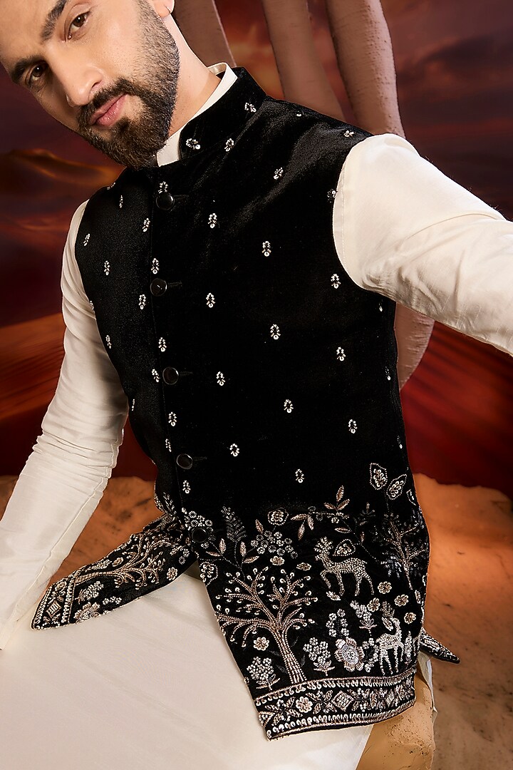 Black Velvet Cutdana Hand Embroidered Nehru Jacket by Kasbah Clothing at Pernia's Pop Up Shop