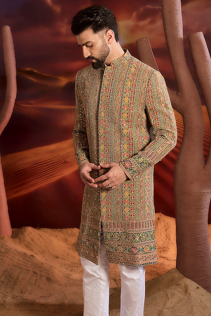 Multi-Colored Georgette Zari Embroidered Wedding Sherwani by Kasbah Clothing at Pernia's Pop Up Shop