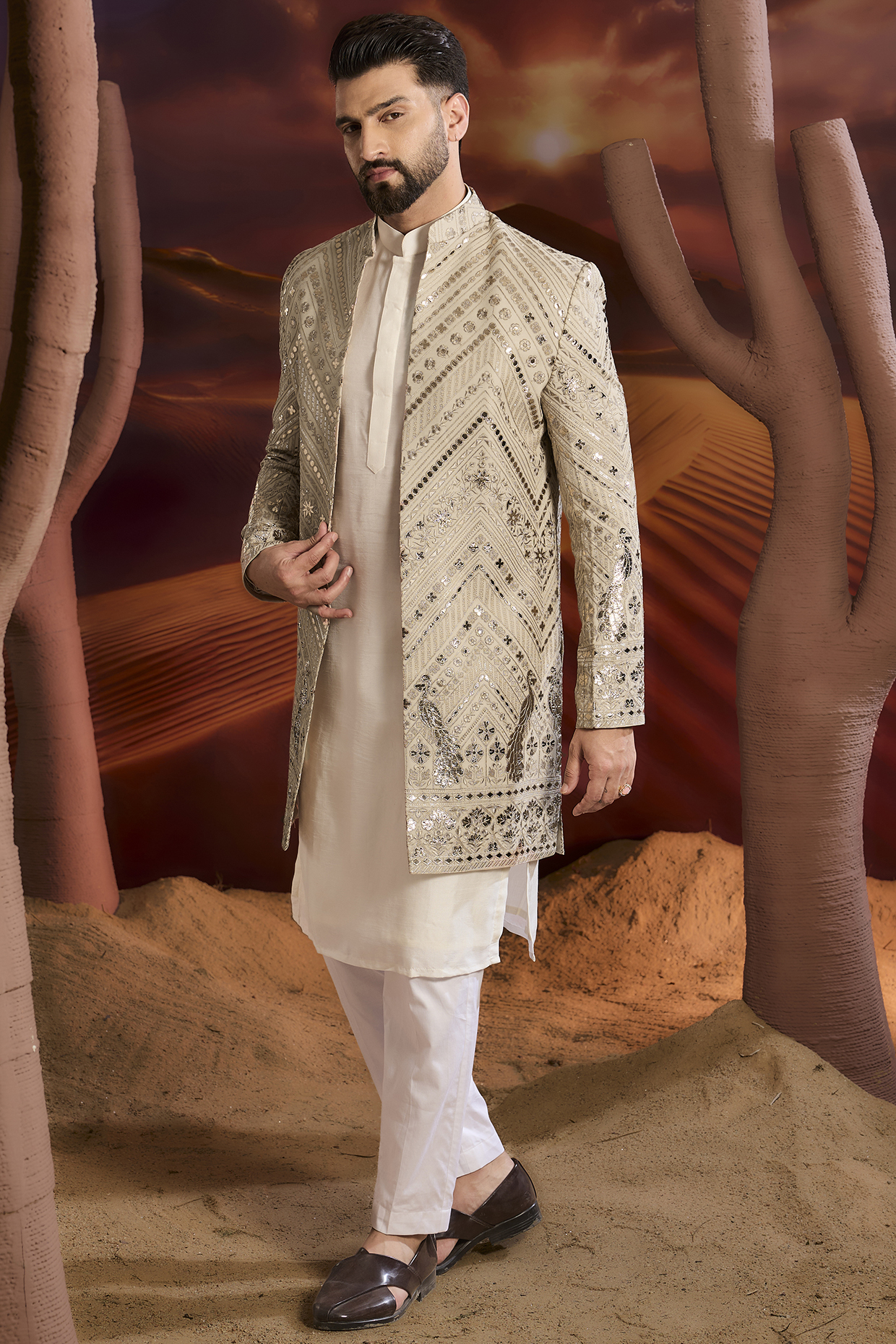 Beige Georgette Patchwork Embellished Long Indowestern Jacket by Kasbah Clothing