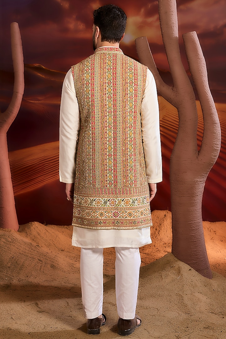 Multi-Colored Georgette Zari Embroidered Long Indowestern Jacket by Kasbah Clothing at Pernia's Pop Up Shop