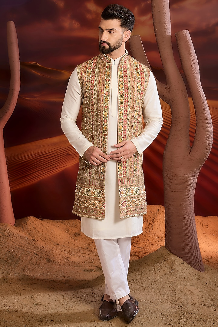 Multi-Colored Georgette Zari Embroidered Long Indowestern Jacket by Kasbah Clothing at Pernia's Pop Up Shop