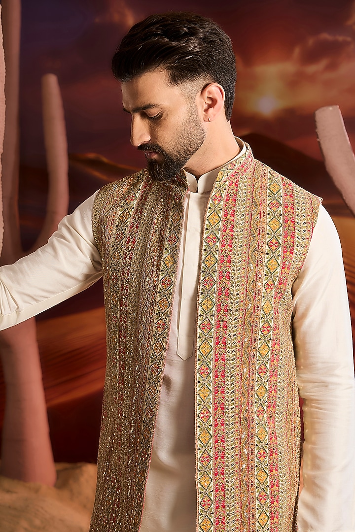 Multi-Colored Georgette Zari Embroidered Long Indowestern Jacket by Kasbah Clothing at Pernia's Pop Up Shop