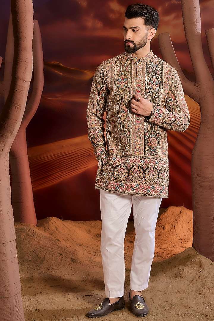 Multi-Colored Georgette Thread Work Floral Chikankari Short Kurta by Kasbah Clothing at Pernia's Pop Up Shop