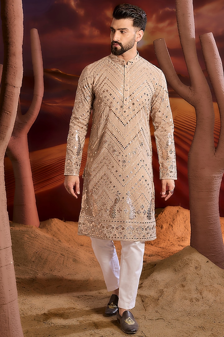 Beige Georgette Sequins Embellished Floral Kurta by Kasbah Clothing at Pernia's Pop Up Shop