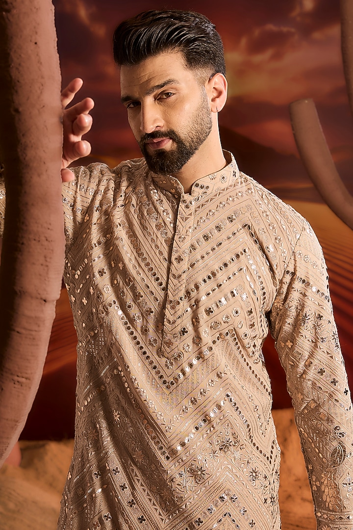 Beige Georgette Sequins Embellished Floral Kurta by Kasbah Clothing at Pernia's Pop Up Shop