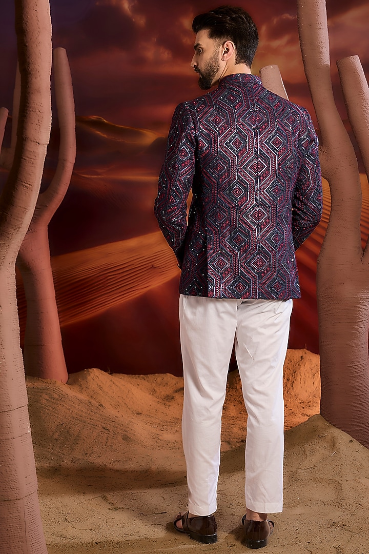 Blue Silk Sequins Embroidered Wedding Bandhgala Jacket by Kasbah Clothing at Pernia's Pop Up Shop