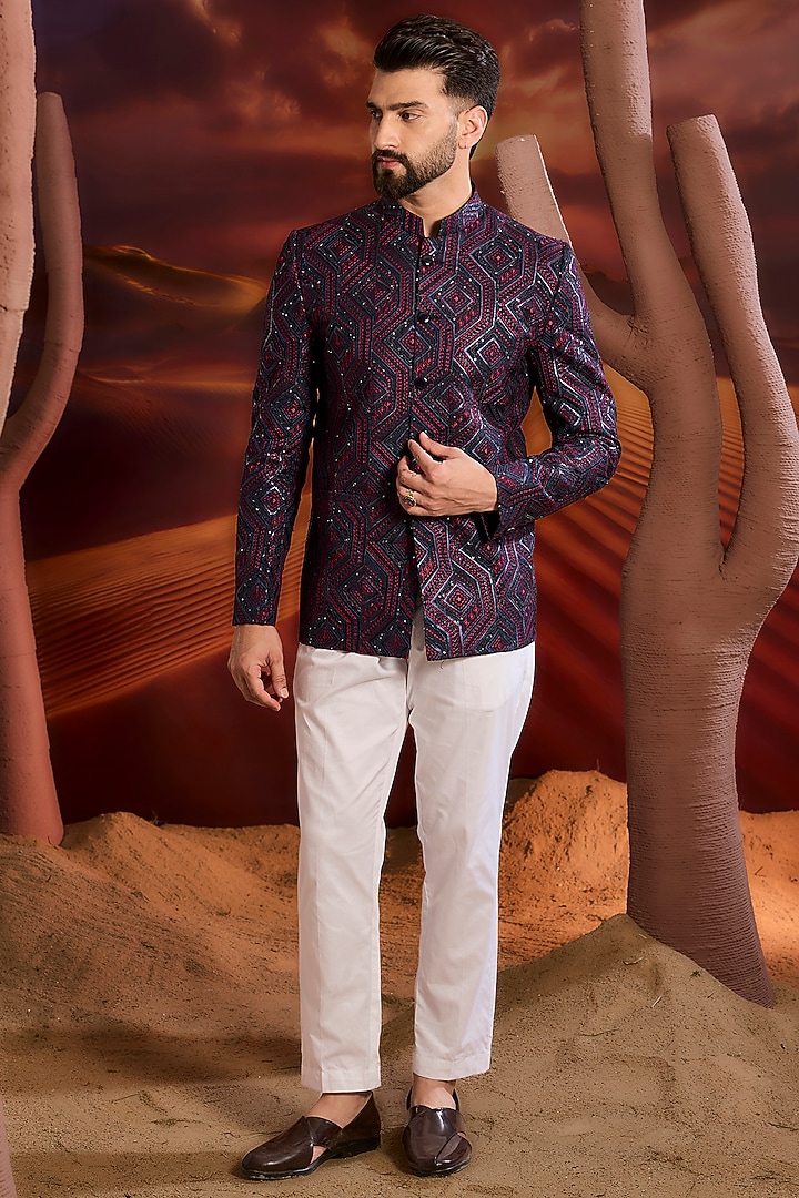 Blue Silk Sequins Embroidered Wedding Bandhgala Jacket by Kasbah Clothing at Pernia's Pop Up Shop