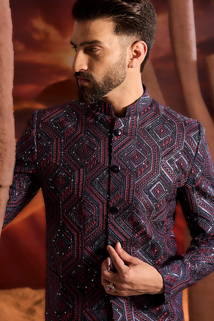 Blue Silk Sequins Embroidered Wedding Bandhgala Jacket by Kasbah Clothing at Pernia's Pop Up Shop