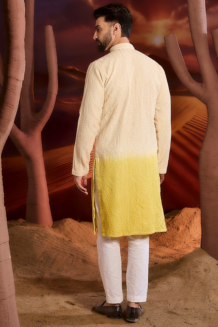Cream & Yellow Silk Sequins Ombre Kurta by Kasbah Clothing at Pernia's Pop Up Shop