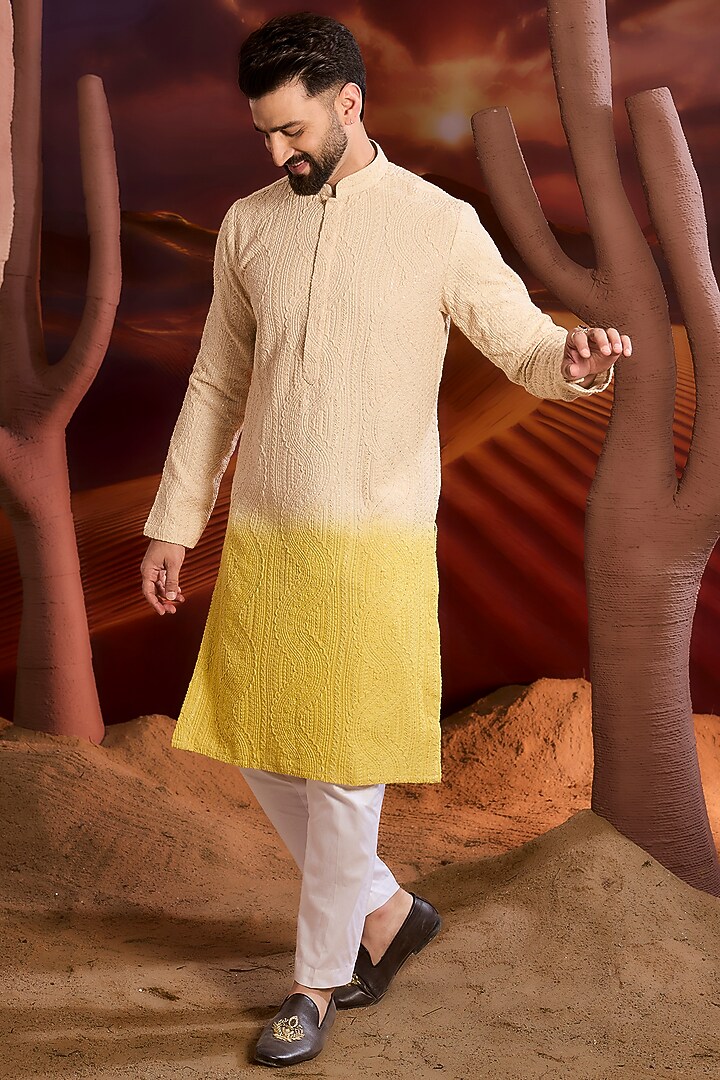 Cream & Yellow Silk Sequins Ombre Kurta by Kasbah Clothing at Pernia's Pop Up Shop