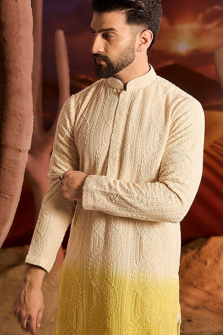 Cream & Yellow Silk Sequins Ombre Kurta by Kasbah Clothing at Pernia's Pop Up Shop