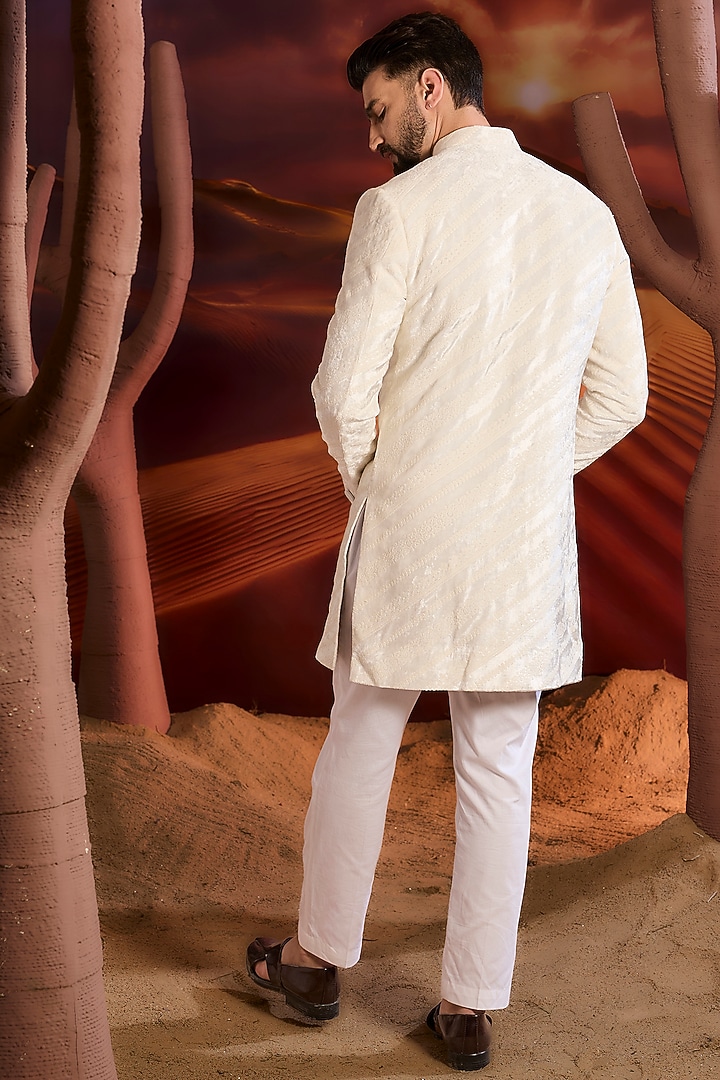White Velvet Dori Embroidered Wedding Sherwani by Kasbah Clothing at Pernia's Pop Up Shop