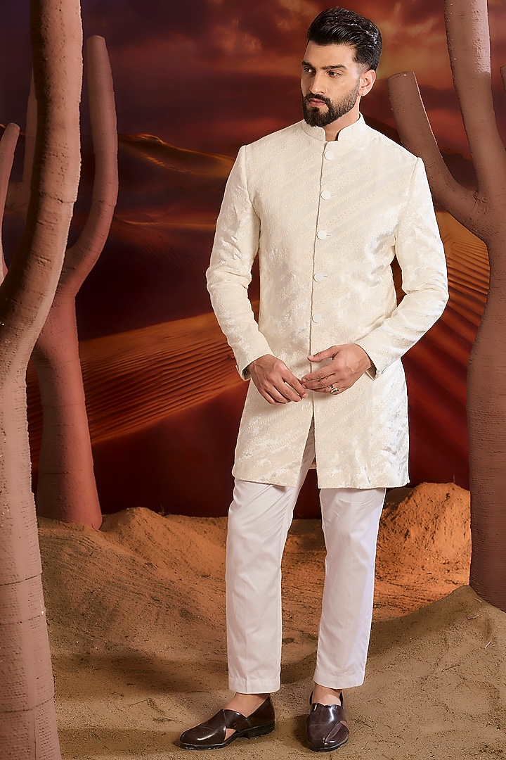 White Velvet Dori Embroidered Wedding Sherwani by Kasbah Clothing at Pernia's Pop Up Shop