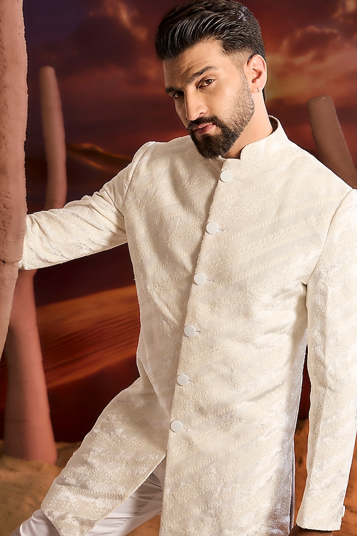 White Velvet Dori Embroidered Wedding Sherwani by Kasbah Clothing at Pernia's Pop Up Shop
