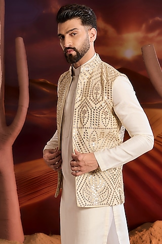 Gold Tissue Mirror Embroidered Nehru Jacket by Kasbah Clothing