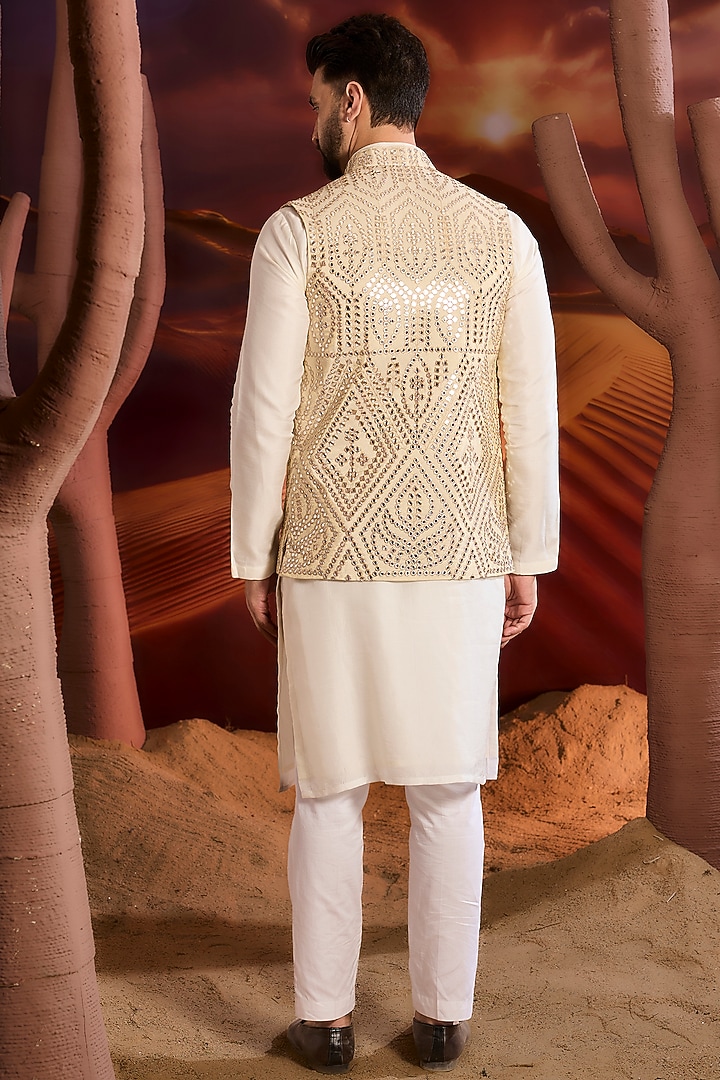 Gold Tissue Mirror Embroidered Nehru Jacket by Kasbah Clothing at Pernia's Pop Up Shop