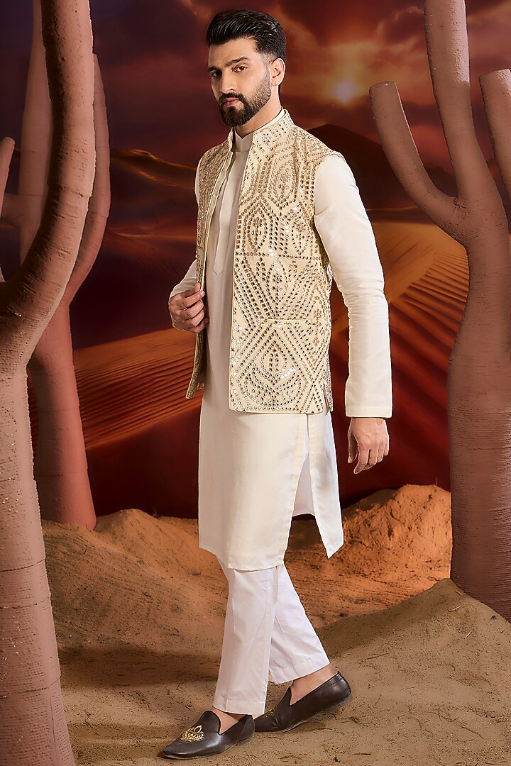 Gold Tissue Mirror Embroidered Nehru Jacket by Kasbah Clothing at Pernia's Pop Up Shop