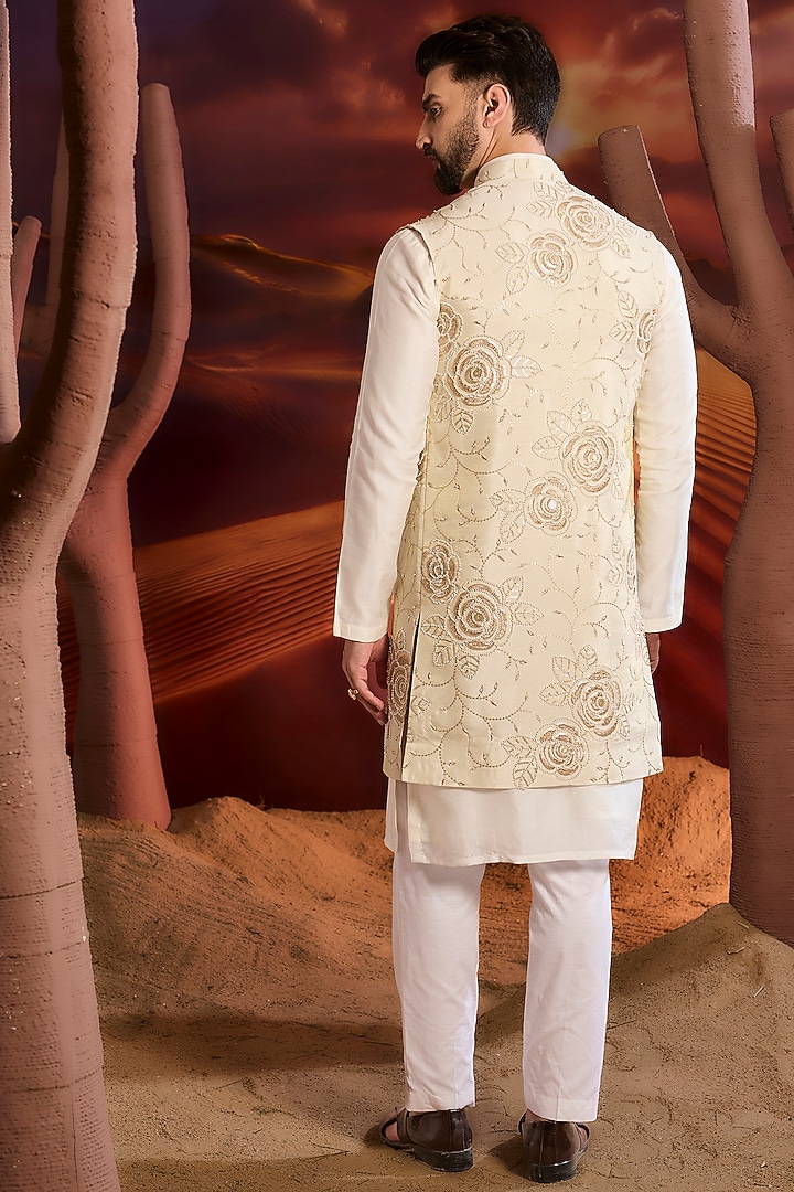 Gold Tissue Floral Embroidered Long Indowestern Jacket by Kasbah Clothing at Pernia's Pop Up Shop