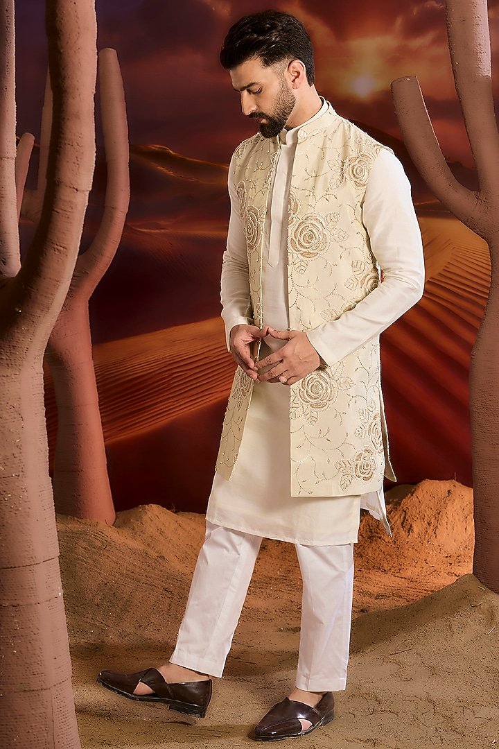 Gold Tissue Floral Embroidered Long Indowestern Jacket by Kasbah Clothing at Pernia's Pop Up Shop