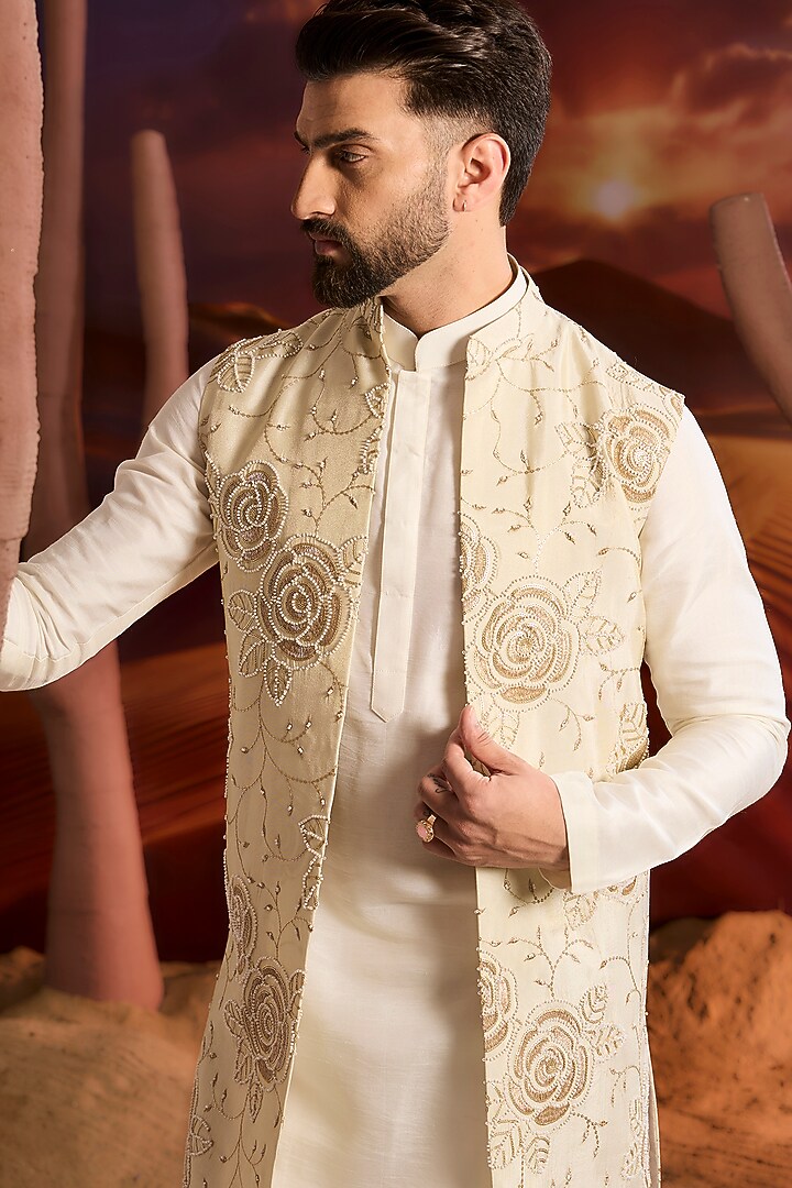 Gold Tissue Floral Embroidered Long Indowestern Jacket by Kasbah Clothing at Pernia's Pop Up Shop