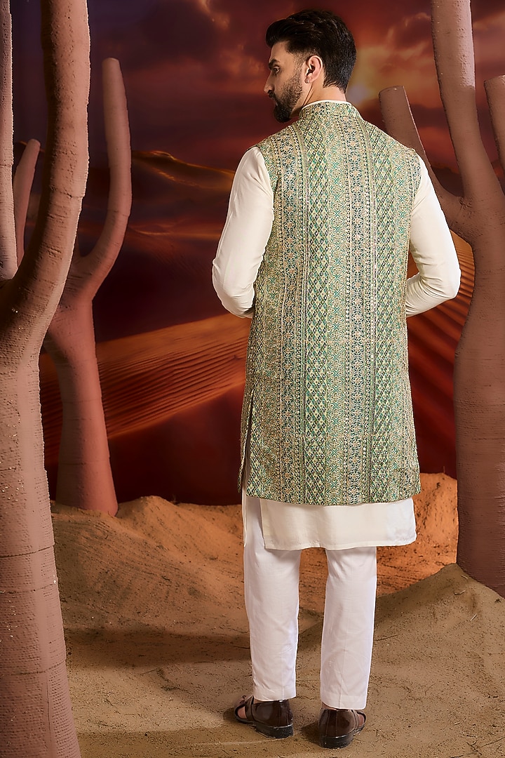 Bottle Green Georgette Zari Embroidered Sequins Indowestern Jacket by Kasbah Clothing at Pernia's Pop Up Shop