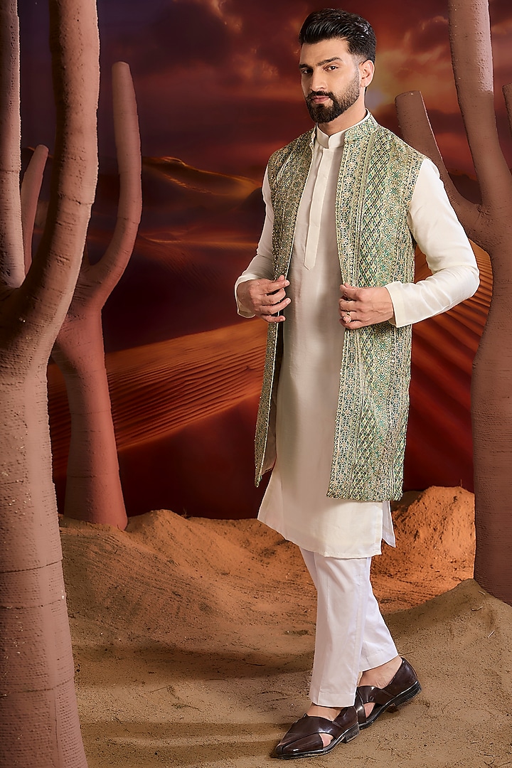 Bottle Green Georgette Zari Embroidered Sequins Indowestern Jacket by Kasbah Clothing at Pernia's Pop Up Shop