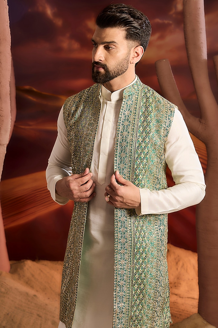 Bottle Green Georgette Zari Embroidered Sequins Indowestern Jacket by Kasbah Clothing at Pernia's Pop Up Shop