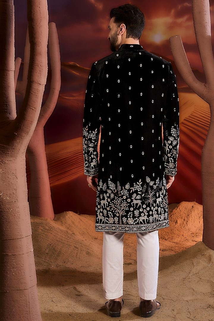Black Velvet Cutdana Hand Embroidered Wedding Sherwani by Kasbah Clothing at Pernia's Pop Up Shop