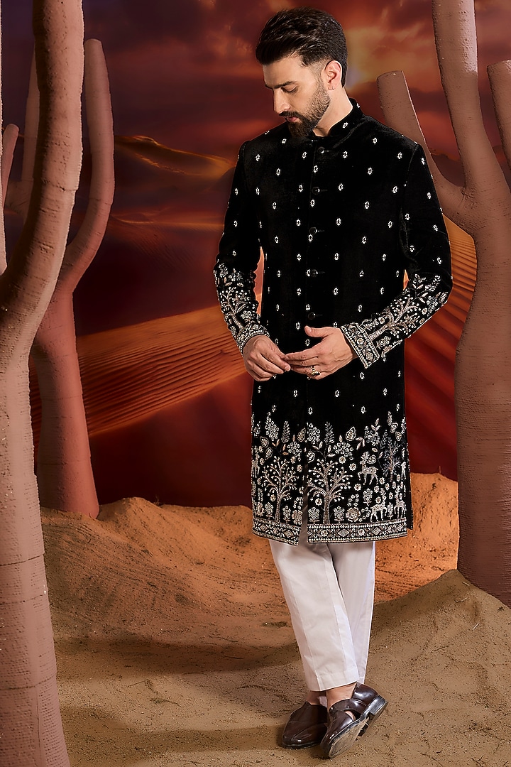 Black Velvet Cutdana Hand Embroidered Wedding Sherwani by Kasbah Clothing at Pernia's Pop Up Shop