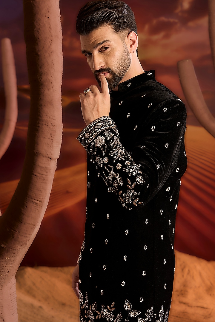 Black Velvet Cutdana Hand Embroidered Wedding Sherwani by Kasbah Clothing at Pernia's Pop Up Shop