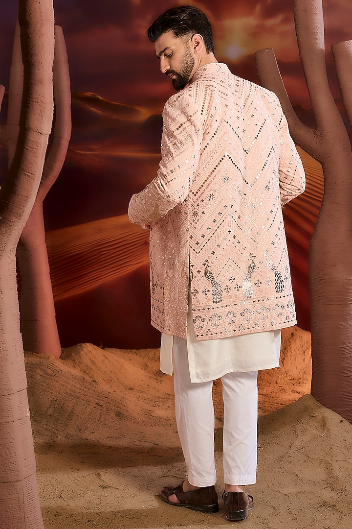 Pink Georgette Sequins Embellished Long Wedding Indowestern Jacket by Kasbah Clothing at Pernia's Pop Up Shop
