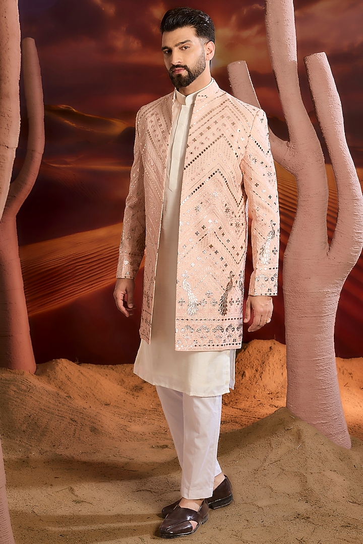 Pink Georgette Sequins Embellished Long Wedding Indowestern Jacket by Kasbah Clothing at Pernia's Pop Up Shop
