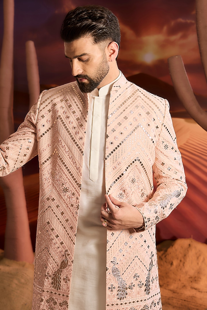 Pink Georgette Sequins Embellished Long Wedding Indowestern Jacket by Kasbah Clothing at Pernia's Pop Up Shop