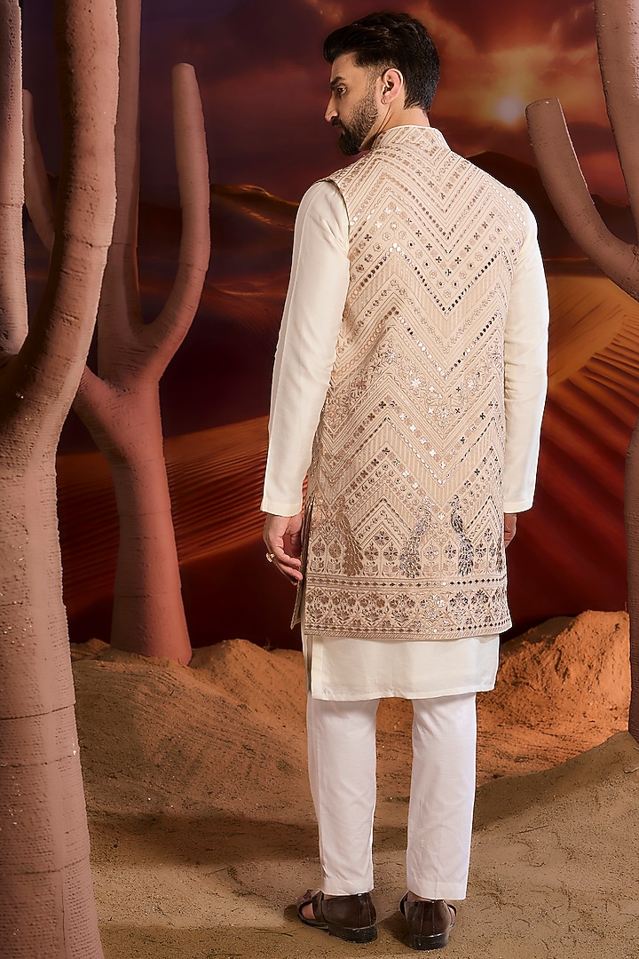 Beige Georgette Sequins Embellished Long Indowestern Jacket by Kasbah Clothing at Pernia's Pop Up Shop