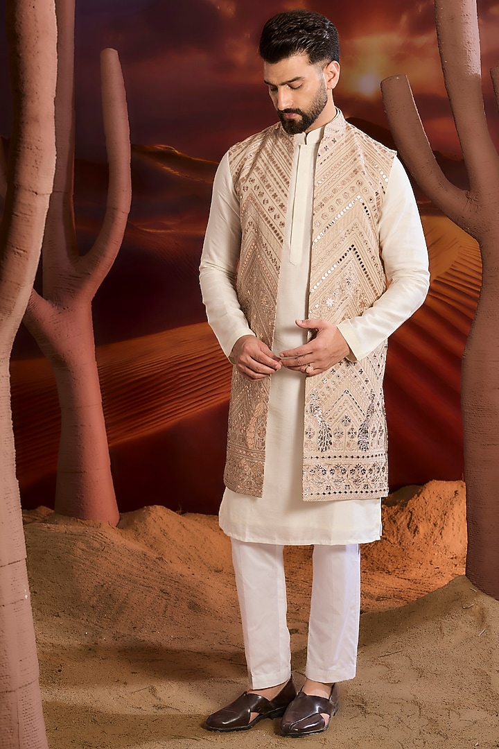 Beige Georgette Sequins Embellished Long Indowestern Jacket by Kasbah Clothing at Pernia's Pop Up Shop
