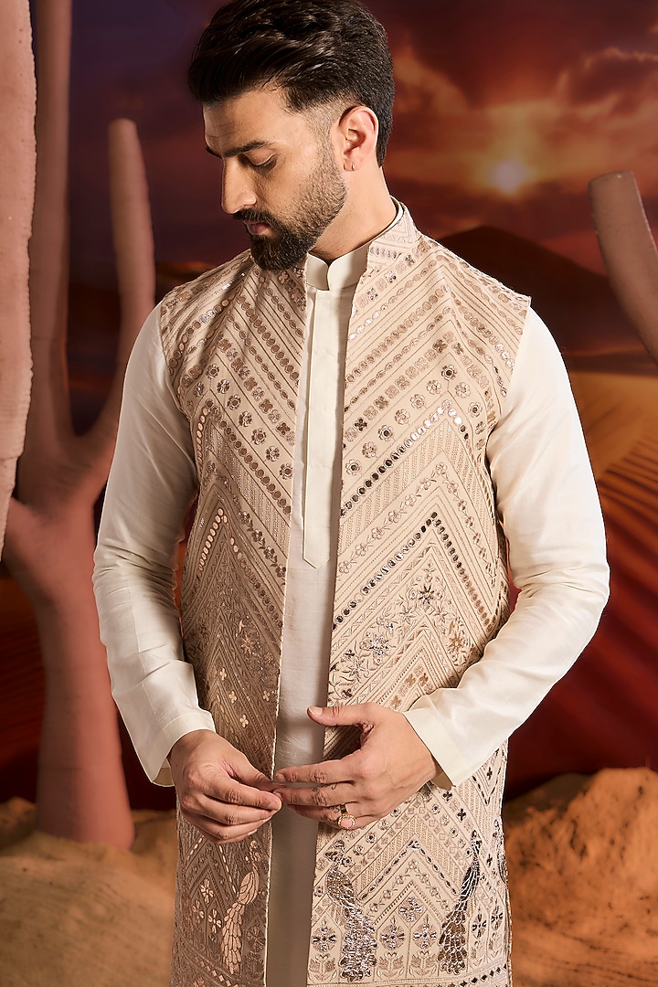 Beige Georgette Sequins Embellished Long Indowestern Jacket by Kasbah Clothing at Pernia's Pop Up Shop