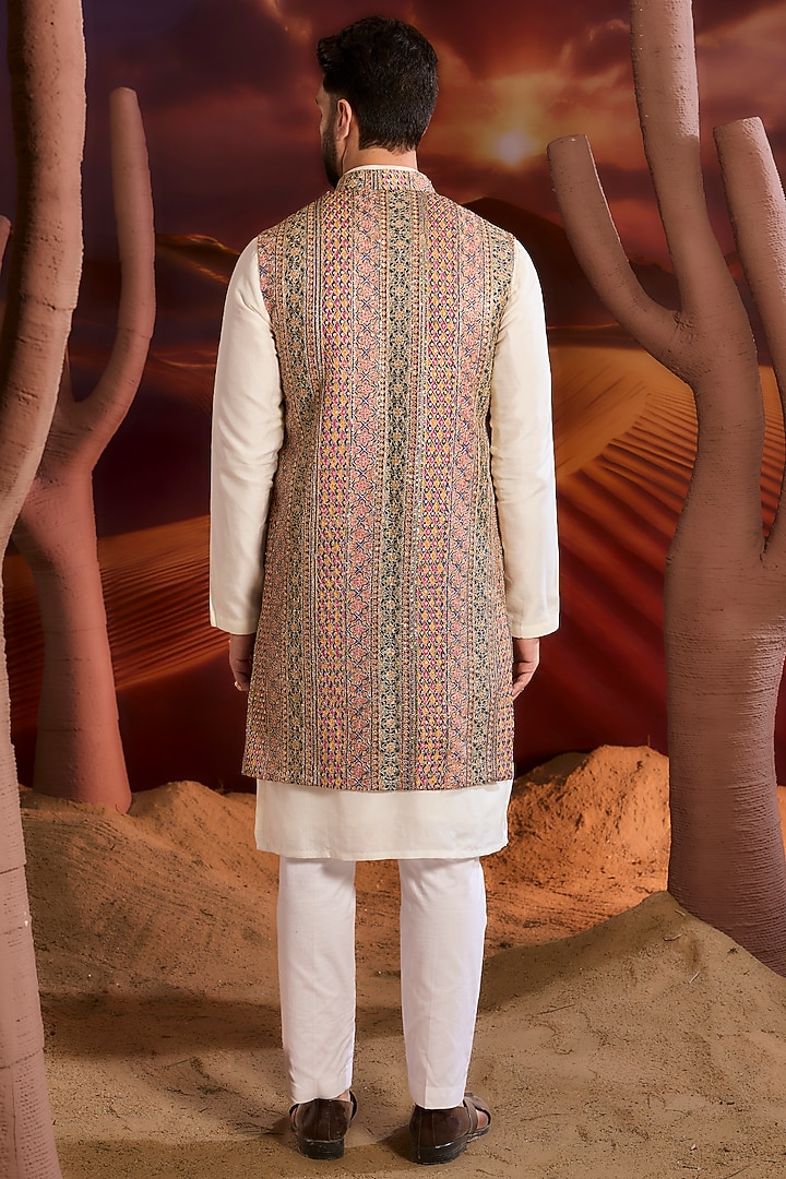 Multi-Colored Georgette Zari Embroidered Long Indowestern Jacket by Kasbah Clothing at Pernia's Pop Up Shop