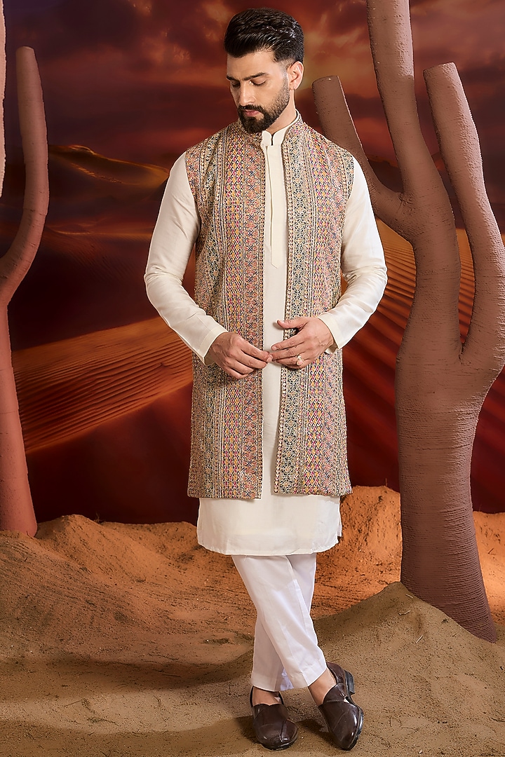Multi-Colored Georgette Zari Embroidered Long Indowestern Jacket by Kasbah Clothing at Pernia's Pop Up Shop