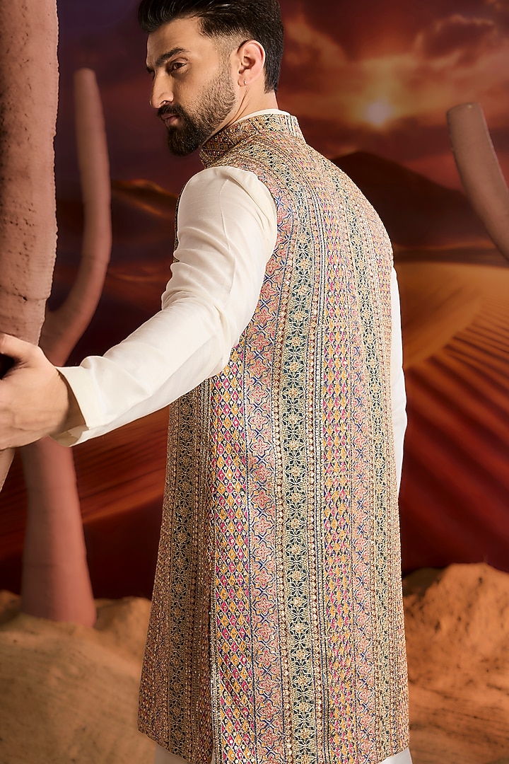 Multi-Colored Georgette Zari Embroidered Long Indowestern Jacket by Kasbah Clothing at Pernia's Pop Up Shop