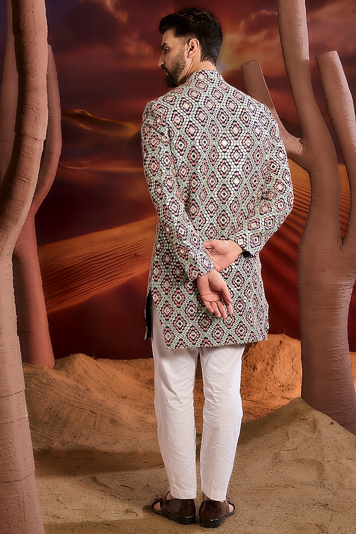 Blue Silk Mirror Embroidered Wedding Sherwani by Kasbah Clothing at Pernia's Pop Up Shop