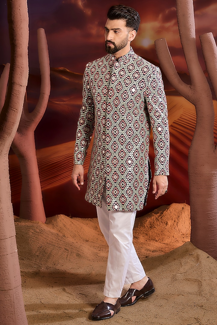 Blue Silk Mirror Embroidered Wedding Sherwani by Kasbah Clothing at Pernia's Pop Up Shop