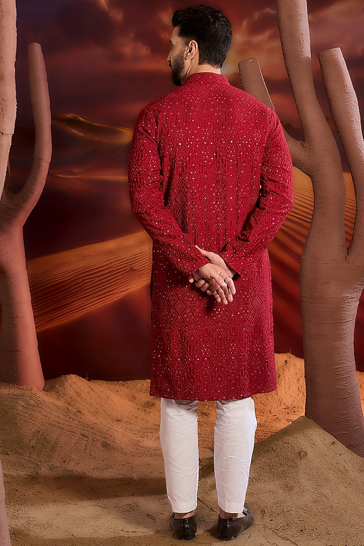 Red Silk Sequins Embroidered Kurta by Kasbah Clothing at Pernia's Pop Up Shop
