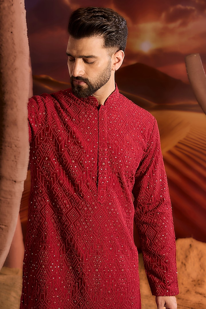 Red Silk Sequins Embroidered Kurta by Kasbah Clothing at Pernia's Pop Up Shop