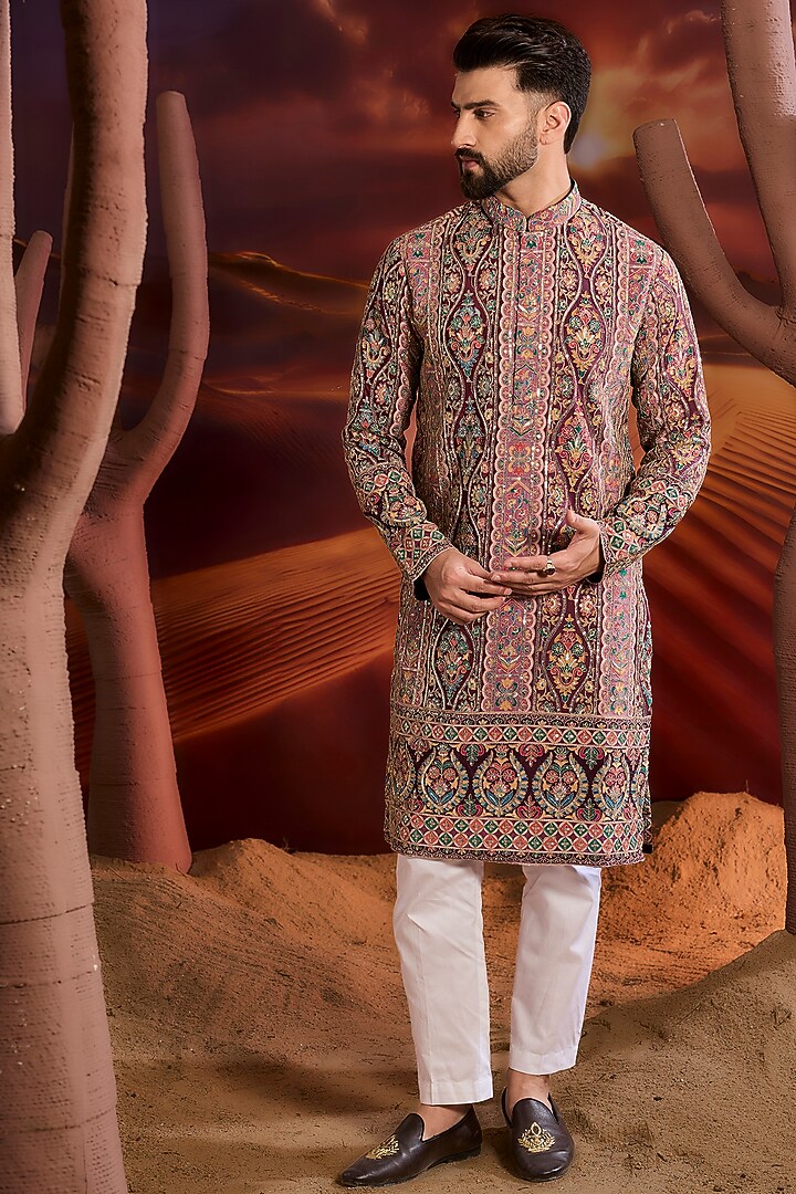 Purple Georgette Zari Work Floral Kurta by Kasbah Clothing at Pernia's Pop Up Shop