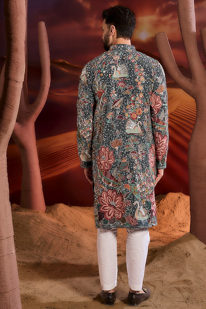 Teal Green Georgette Floral Embroidered Sequins Kurta by Kasbah Clothing at Pernia's Pop Up Shop