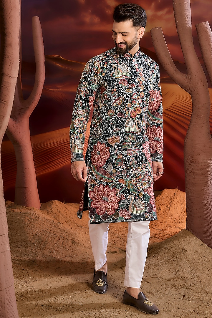 Teal Green Georgette Floral Embroidered Sequins Kurta by Kasbah Clothing at Pernia's Pop Up Shop