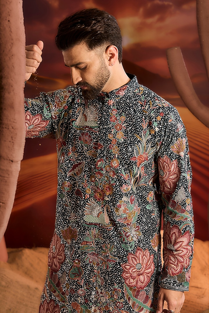 Teal Green Georgette Floral Embroidered Sequins Kurta by Kasbah Clothing at Pernia's Pop Up Shop