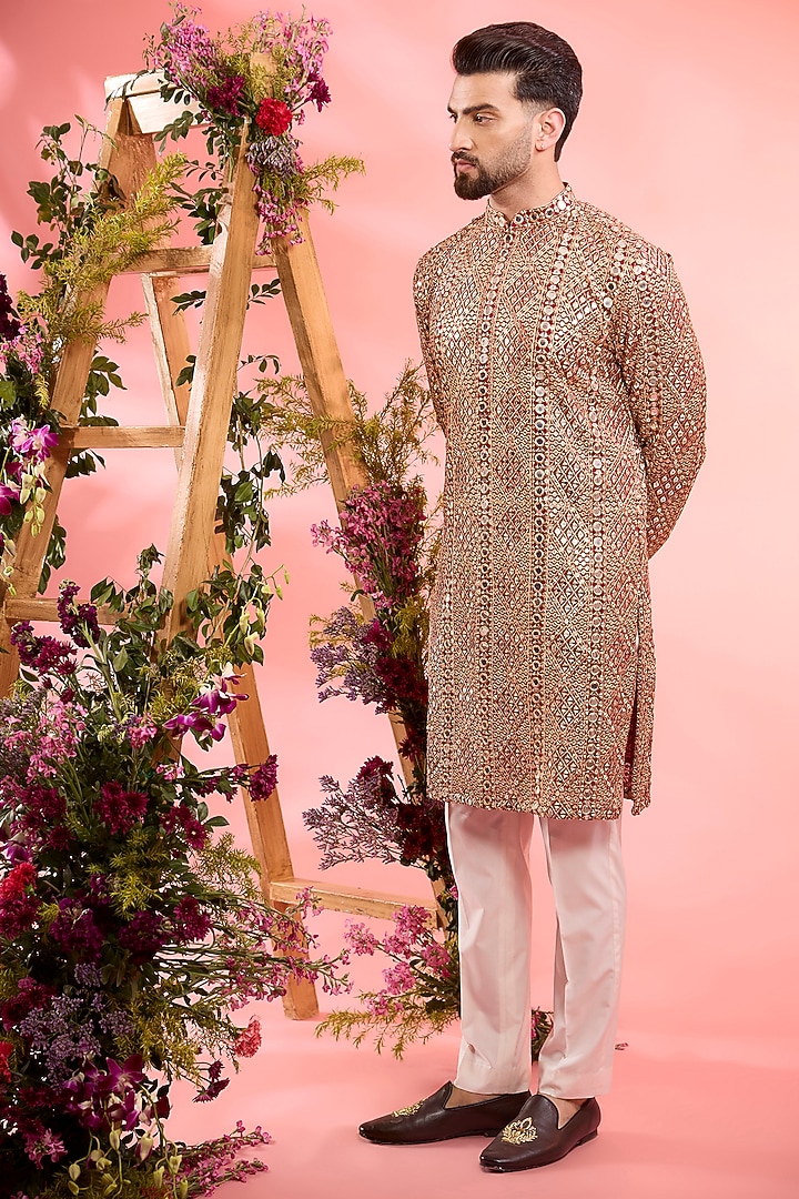 Red Georgette Mirror Work Kurta by Kasbah Clothing at Pernia's Pop Up Shop